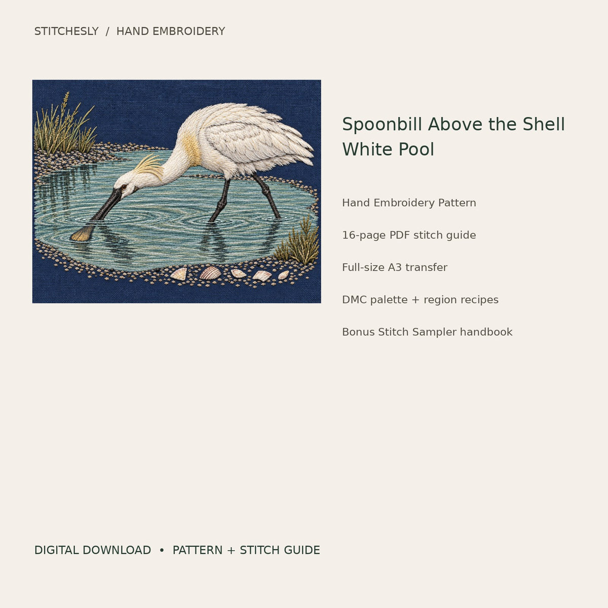 Spoonbill Above the Shell White Pool: digital hand embroidery pattern cover with artwork and included files