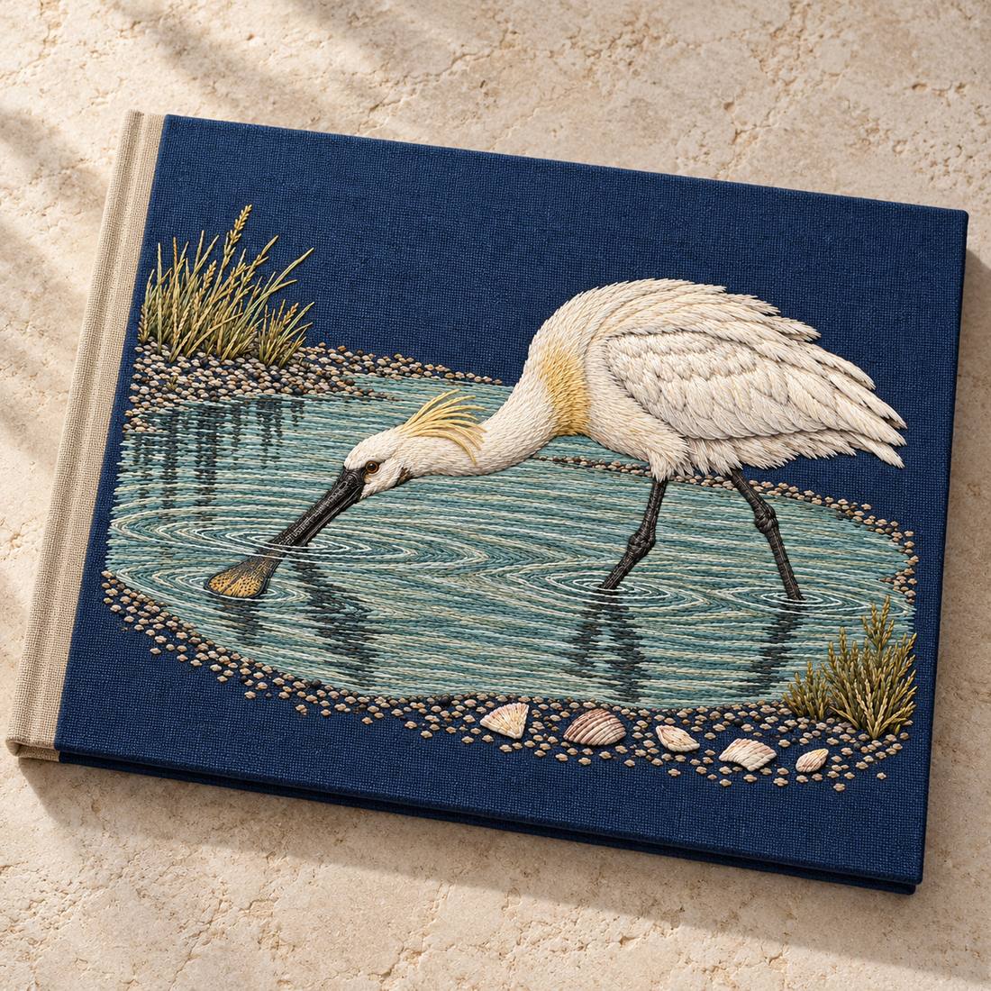 Spoonbill Above the Shell White Pool visual mockup shown on a cloth portfolio cover, with the design on navy linen.