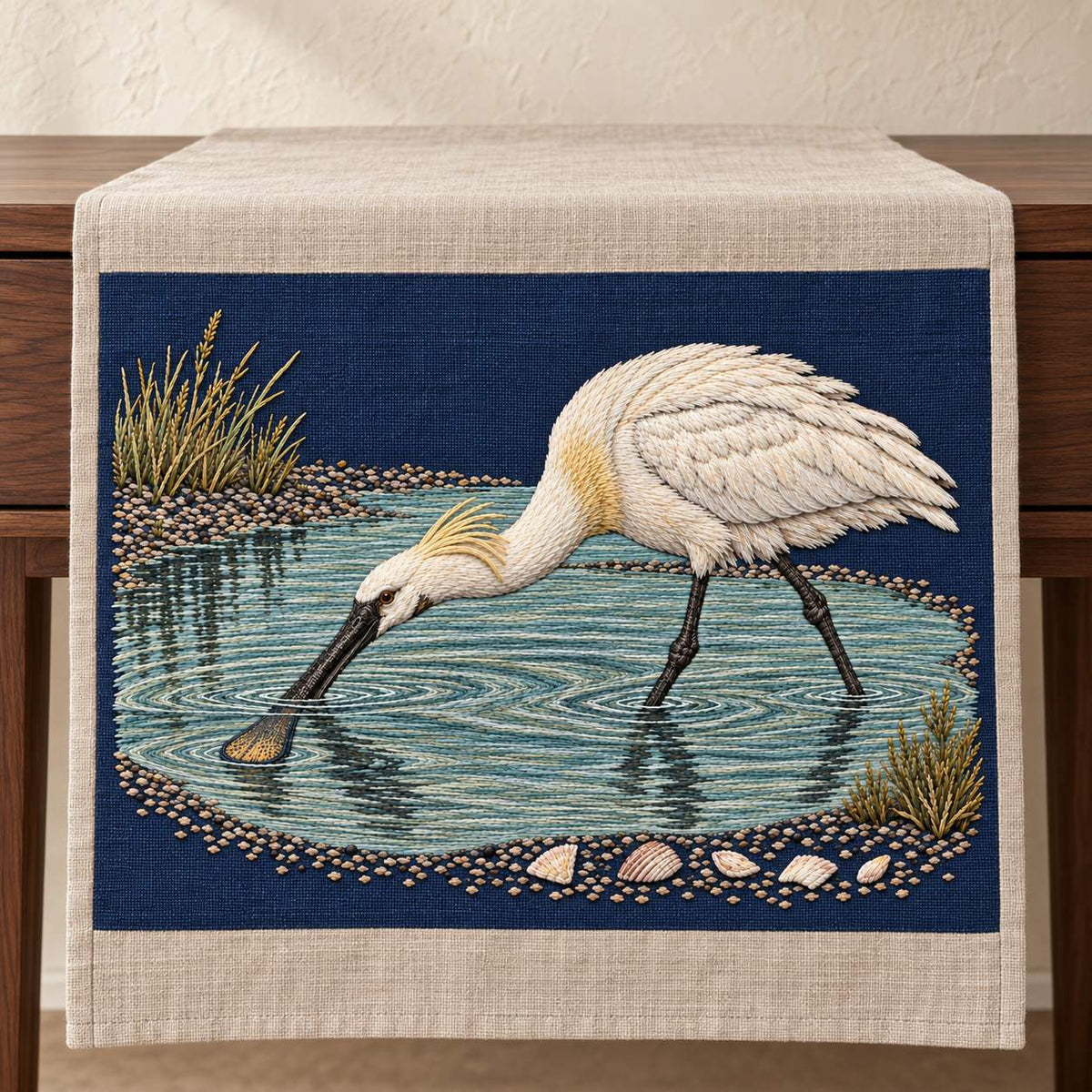 Spoonbill Above the Shell White Pool visual mockup shown on a textile runner over a console, with the design on navy linen.