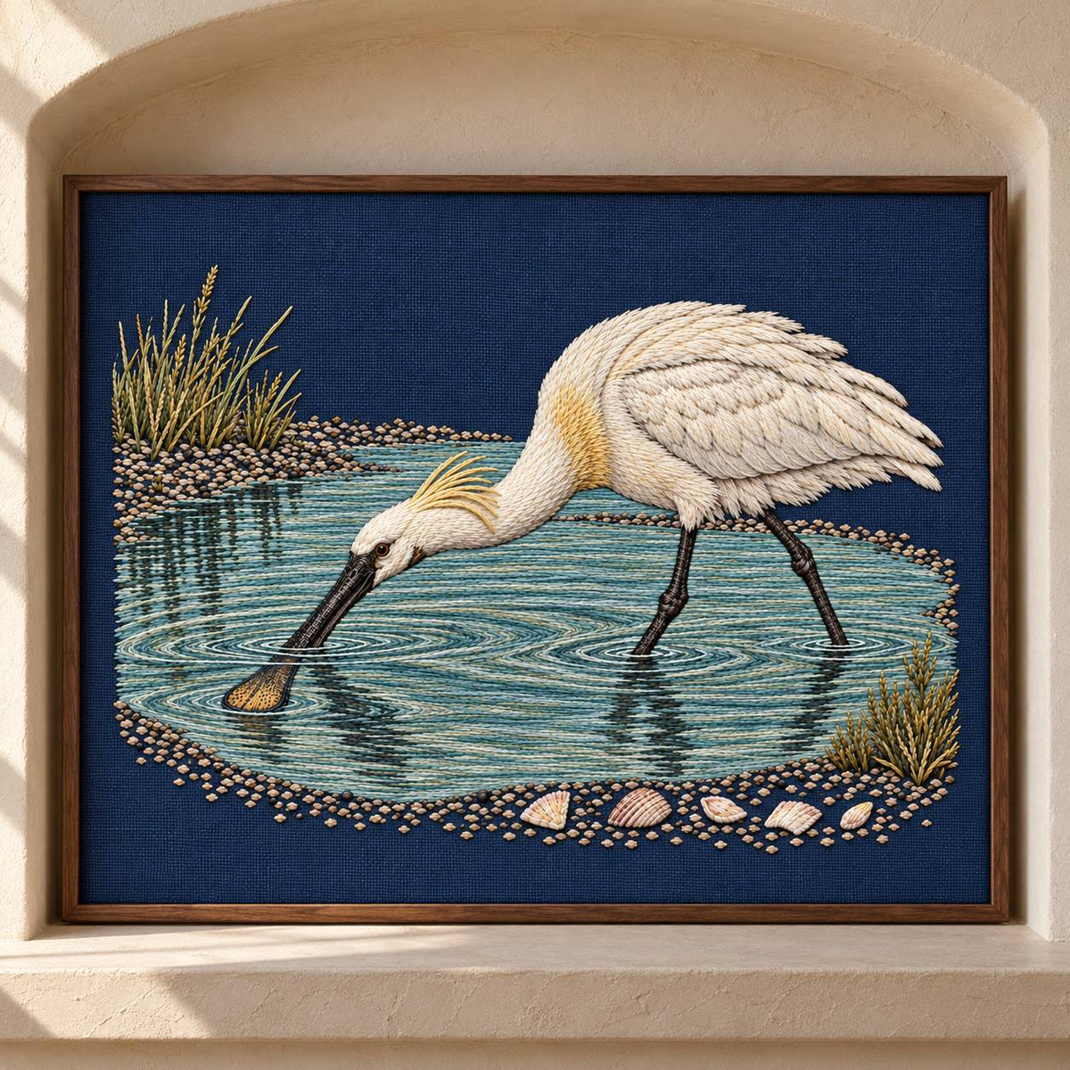Spoonbill Above the Shell White Pool visual mockup shown as a framed textile in a gallery niche, with the design on navy linen.