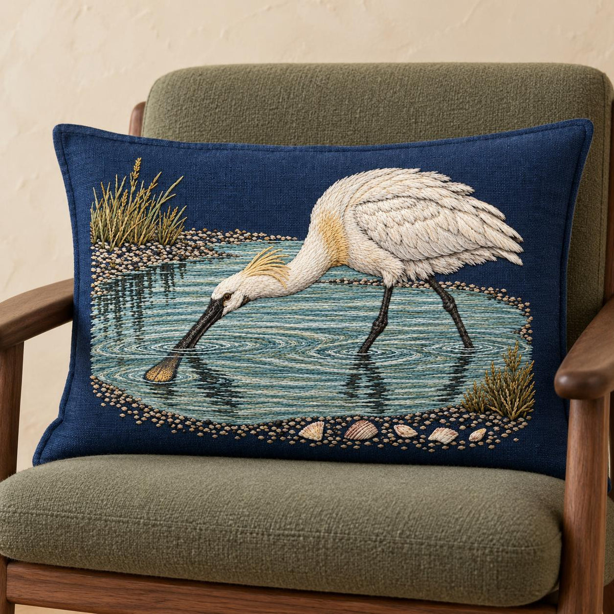 Spoonbill Above the Shell White Pool visual mockup shown on a cushion in a lounge chair, with the design on navy linen.