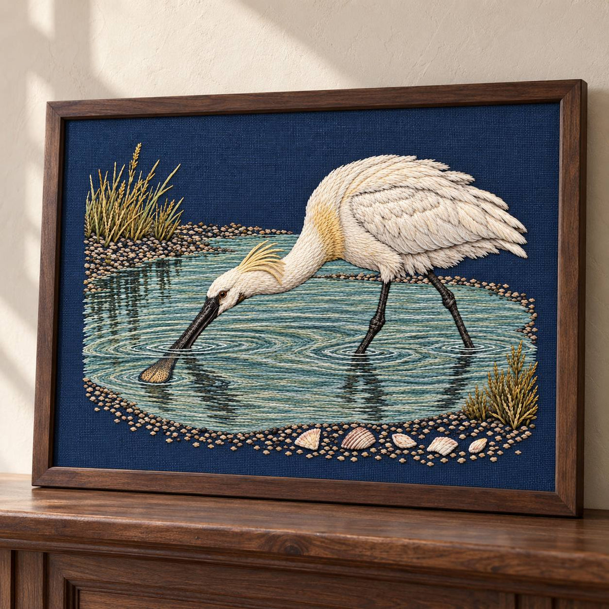 Spoonbill Above the Shell White Pool visual mockup shown in a frame leaning on a mantel, with the design on navy linen.