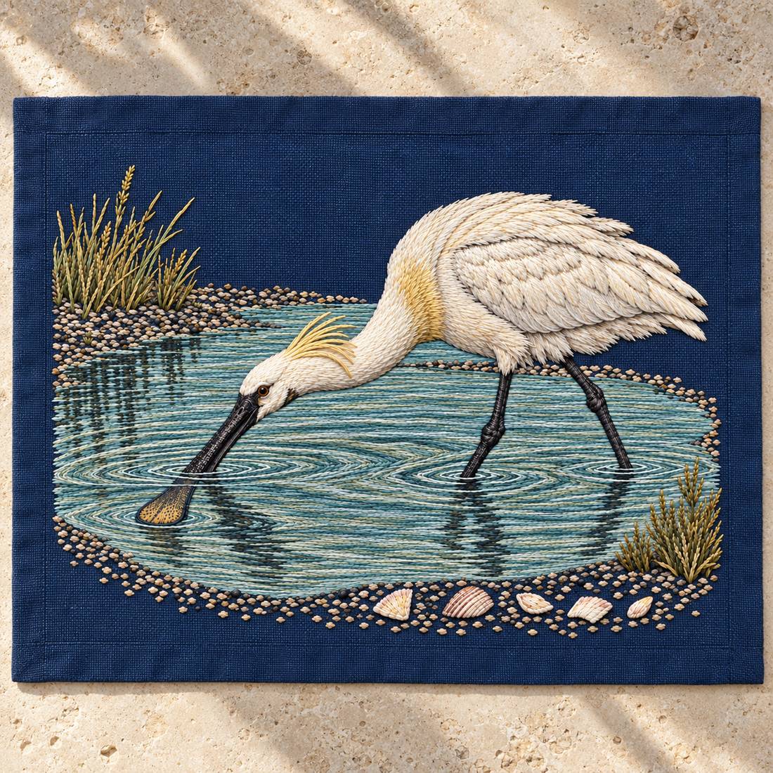 Spoonbill Above the Shell White Pool visual mockup shown as a textile panel on a stone platform, with the design on navy linen.