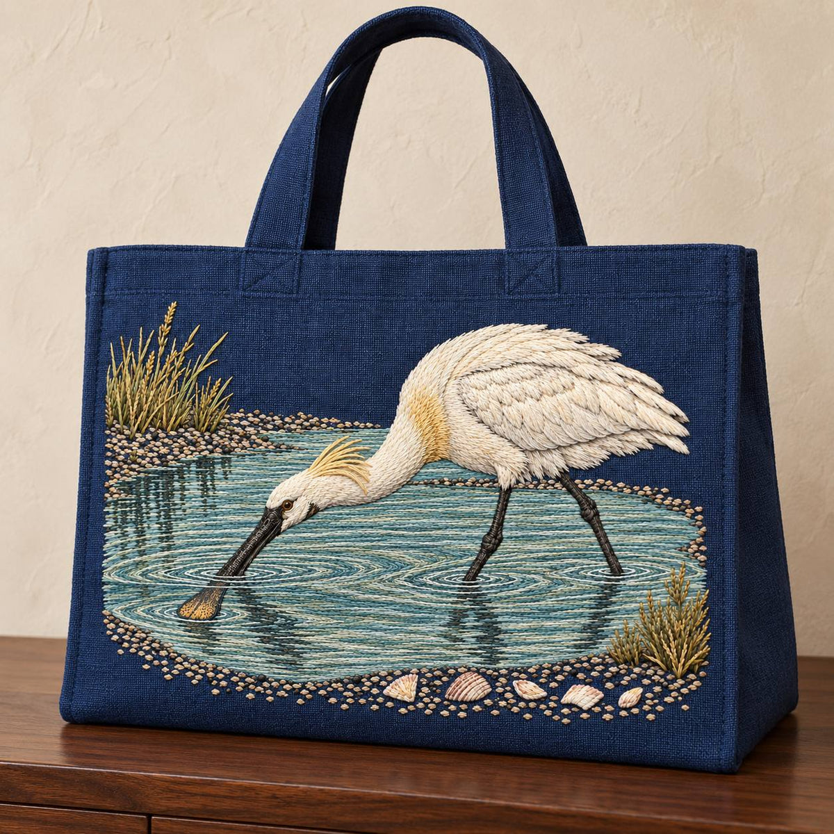 Spoonbill Above the Shell White Pool visual mockup shown on the front of a structured linen tote, with the design on navy linen.