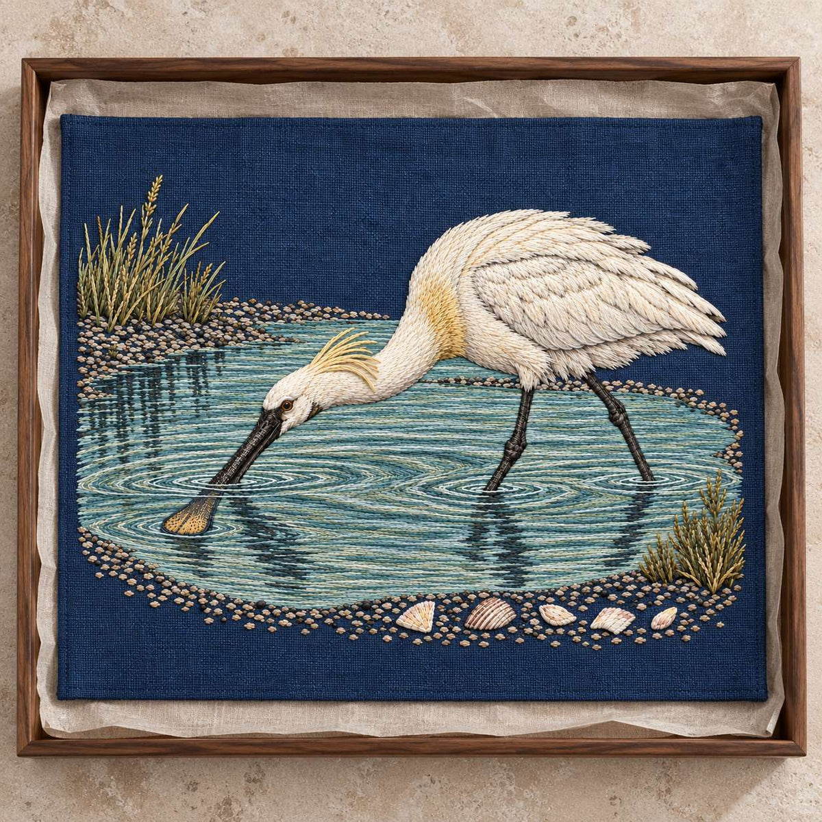 Spoonbill Above the Shell White Pool visual mockup shown as a textile panel in a collection tray, with the design on navy linen.