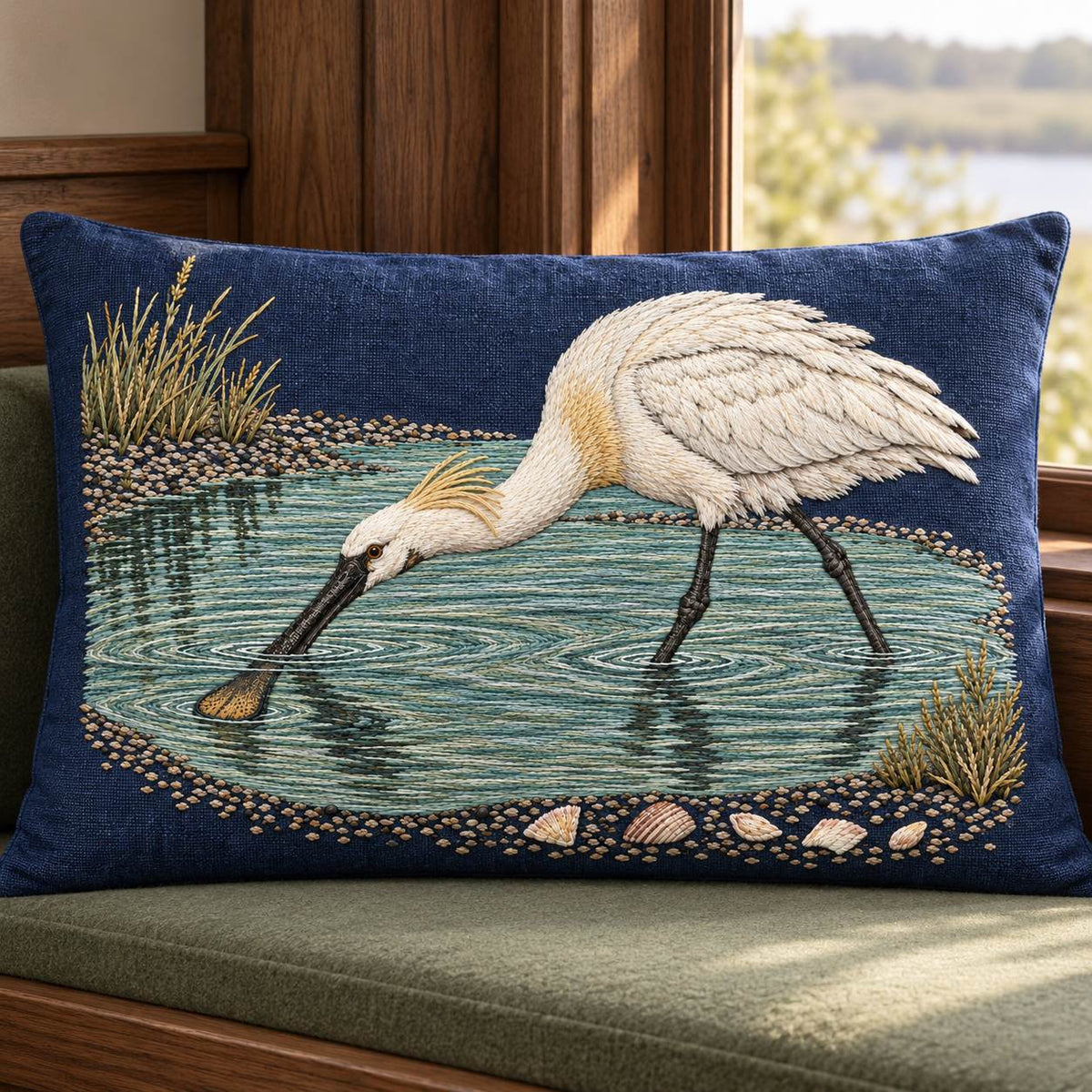 Spoonbill Above the Shell White Pool visual mockup shown on a cushion beside a window, with the design on navy linen.