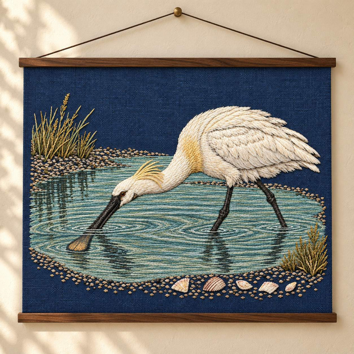 Spoonbill Above the Shell White Pool visual mockup shown as a hanging textile held by wooden rails, with the design on navy linen.