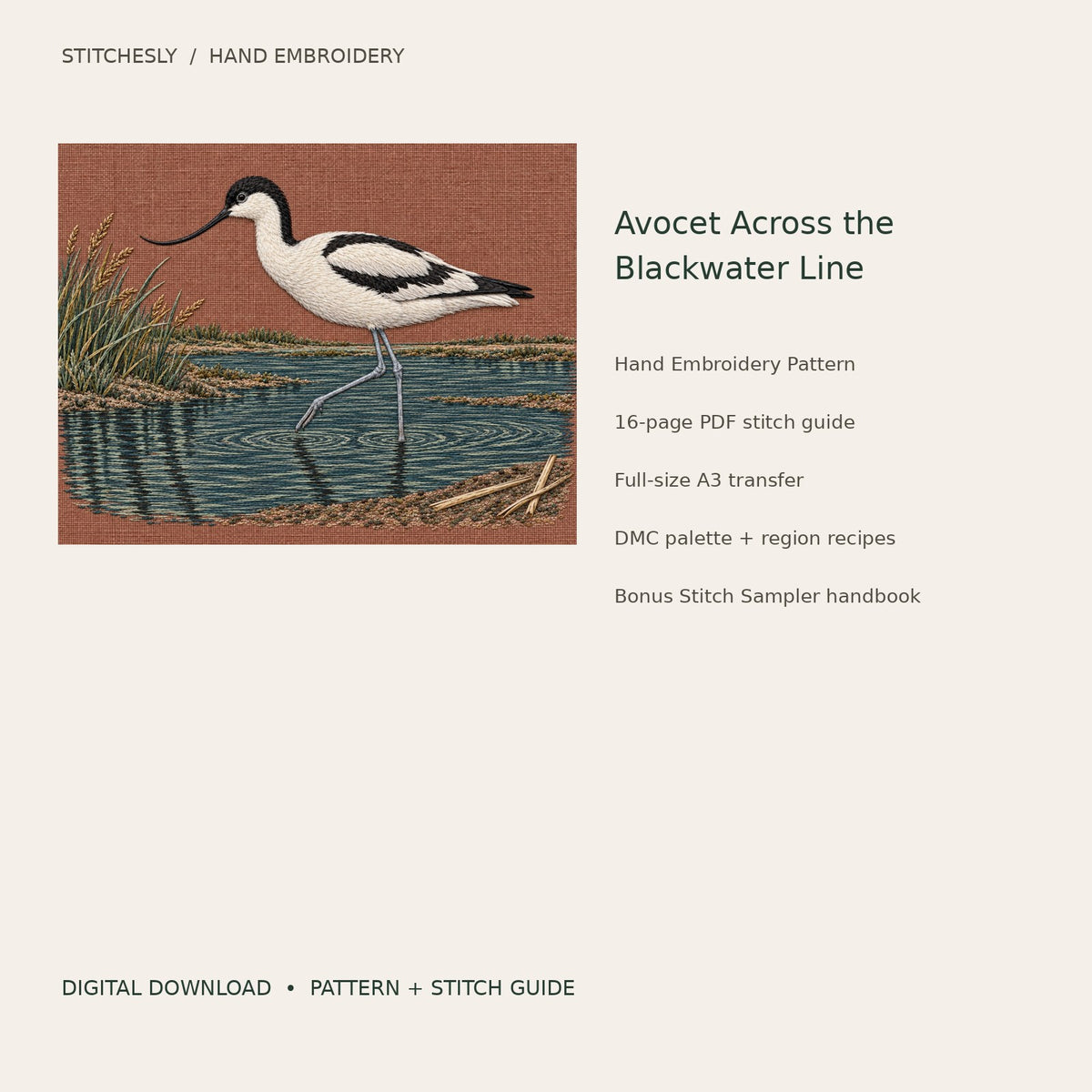 Avocet Across the Blackwater Line: digital hand embroidery pattern cover with artwork and included files