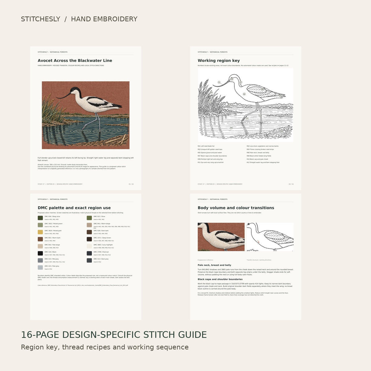 Avocet Across the Blackwater Line: preview of the 16-page stitch guide, region key, DMC palette and stitching instructions