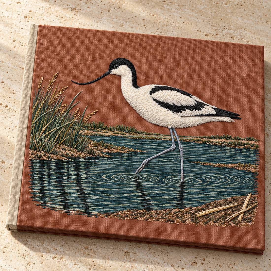 Avocet Across the Blackwater Line visual mockup shown on a cloth portfolio cover, with the design on dusty terracotta linen.