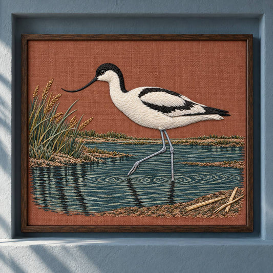 Avocet Across the Blackwater Line visual mockup shown as a framed textile in a gallery niche, with the design on dusty terracotta linen.