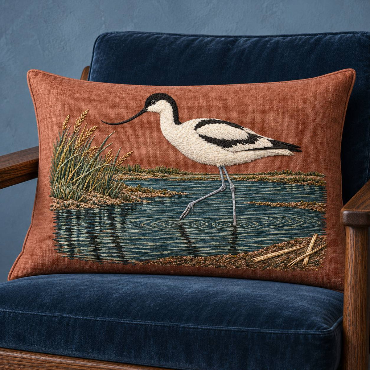 Avocet Across the Blackwater Line visual mockup shown on a cushion in a lounge chair, with the design on dusty terracotta linen.
