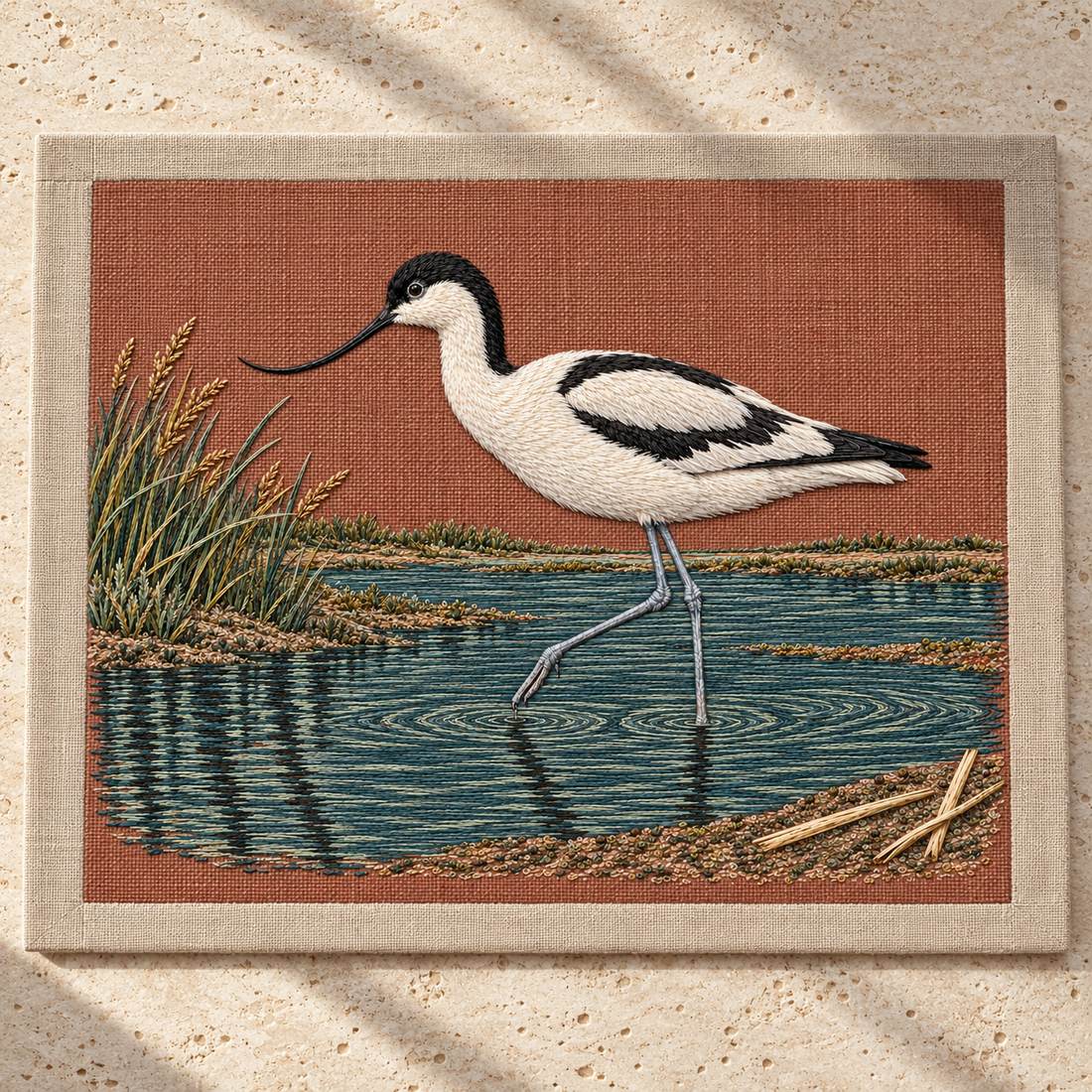 Avocet Across the Blackwater Line visual mockup shown as a textile panel on a stone platform, with the design on dusty terracotta linen.