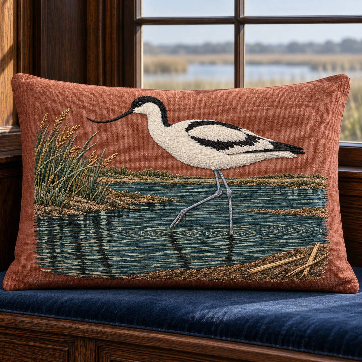 Avocet Across the Blackwater Line visual mockup shown on a cushion beside a window, with the design on dusty terracotta linen.
