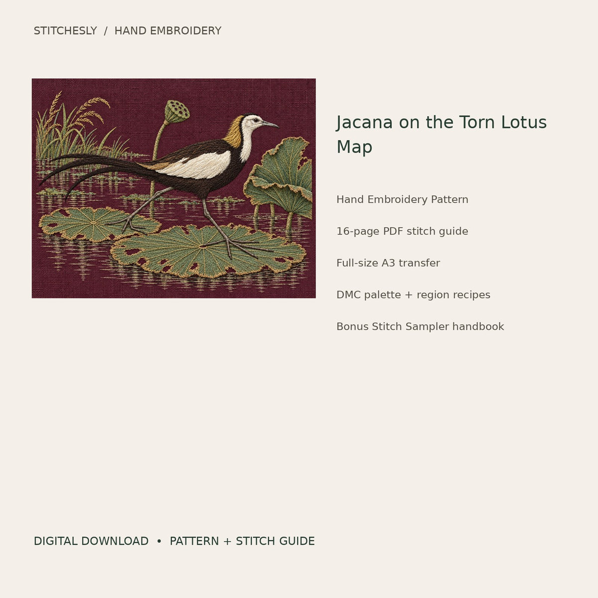 Jacana on the Torn Lotus Map: digital hand embroidery pattern cover with artwork and included files