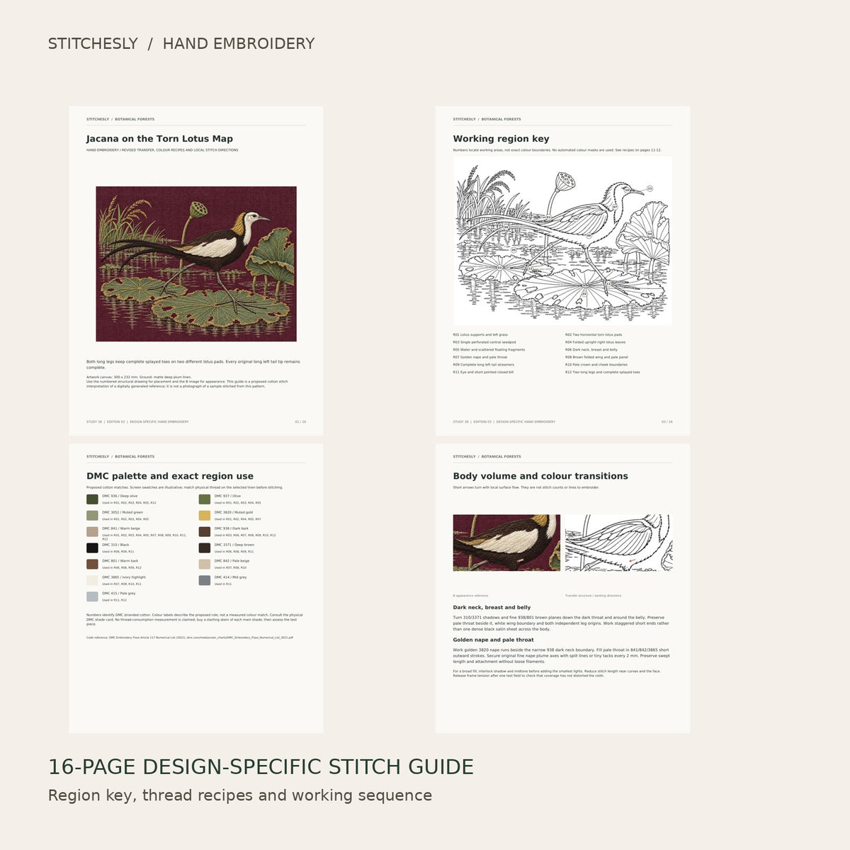 Jacana on the Torn Lotus Map: preview of the 16-page stitch guide, region key, DMC palette and stitching instructions