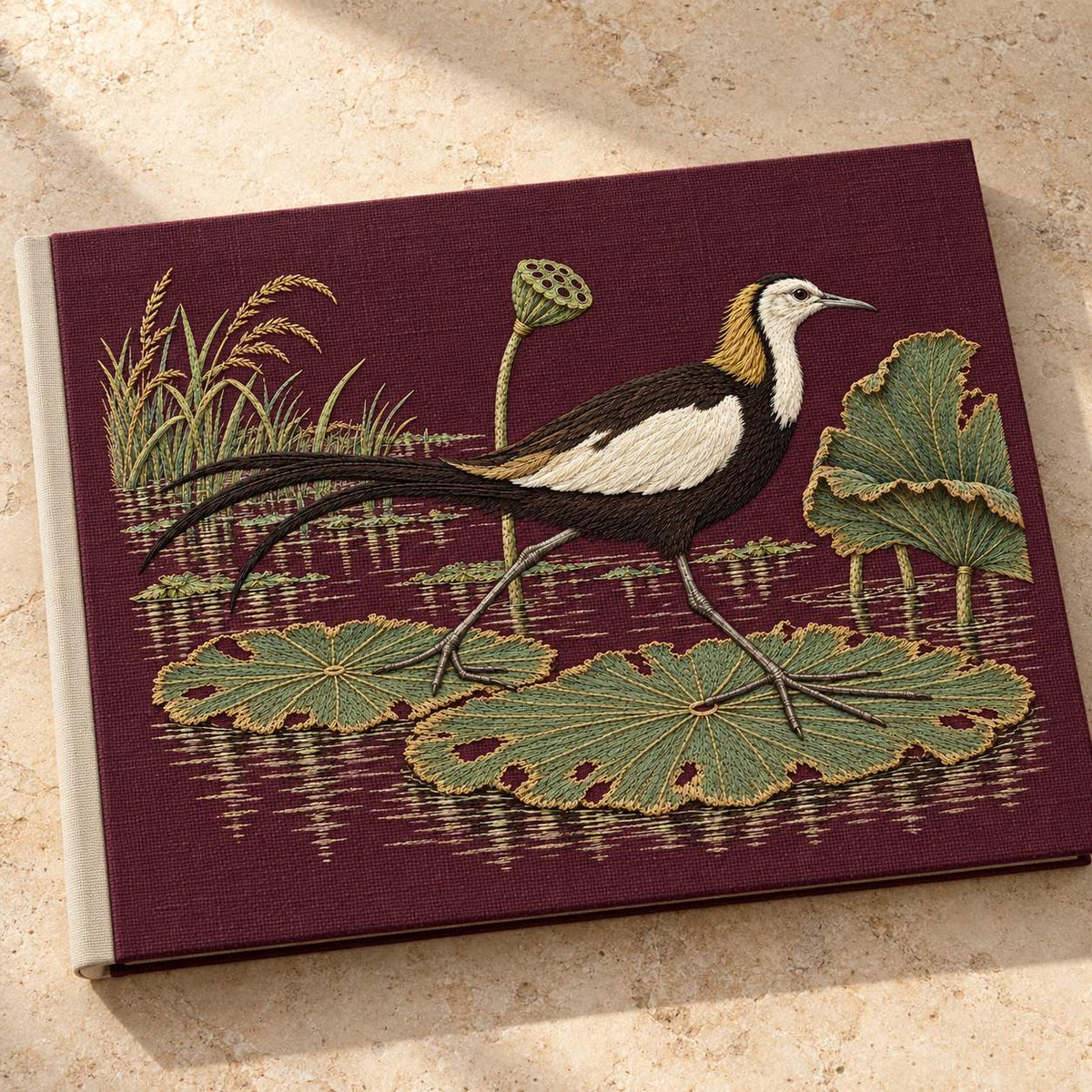 Jacana on the Torn Lotus Map visual mockup shown on a cloth portfolio cover, with the design on deep plum linen.