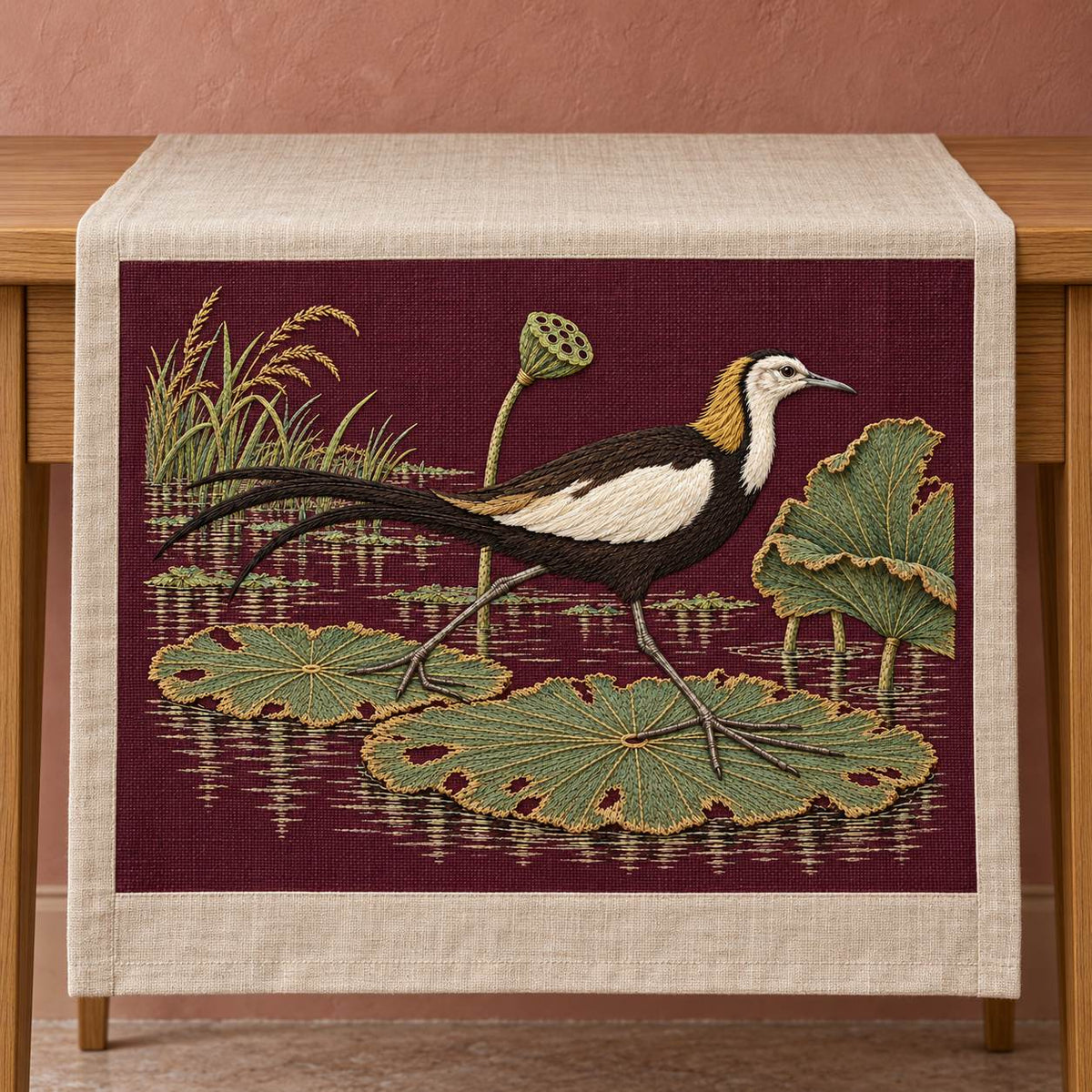 Jacana on the Torn Lotus Map visual mockup shown on a textile runner over a console, with the design on deep plum linen.