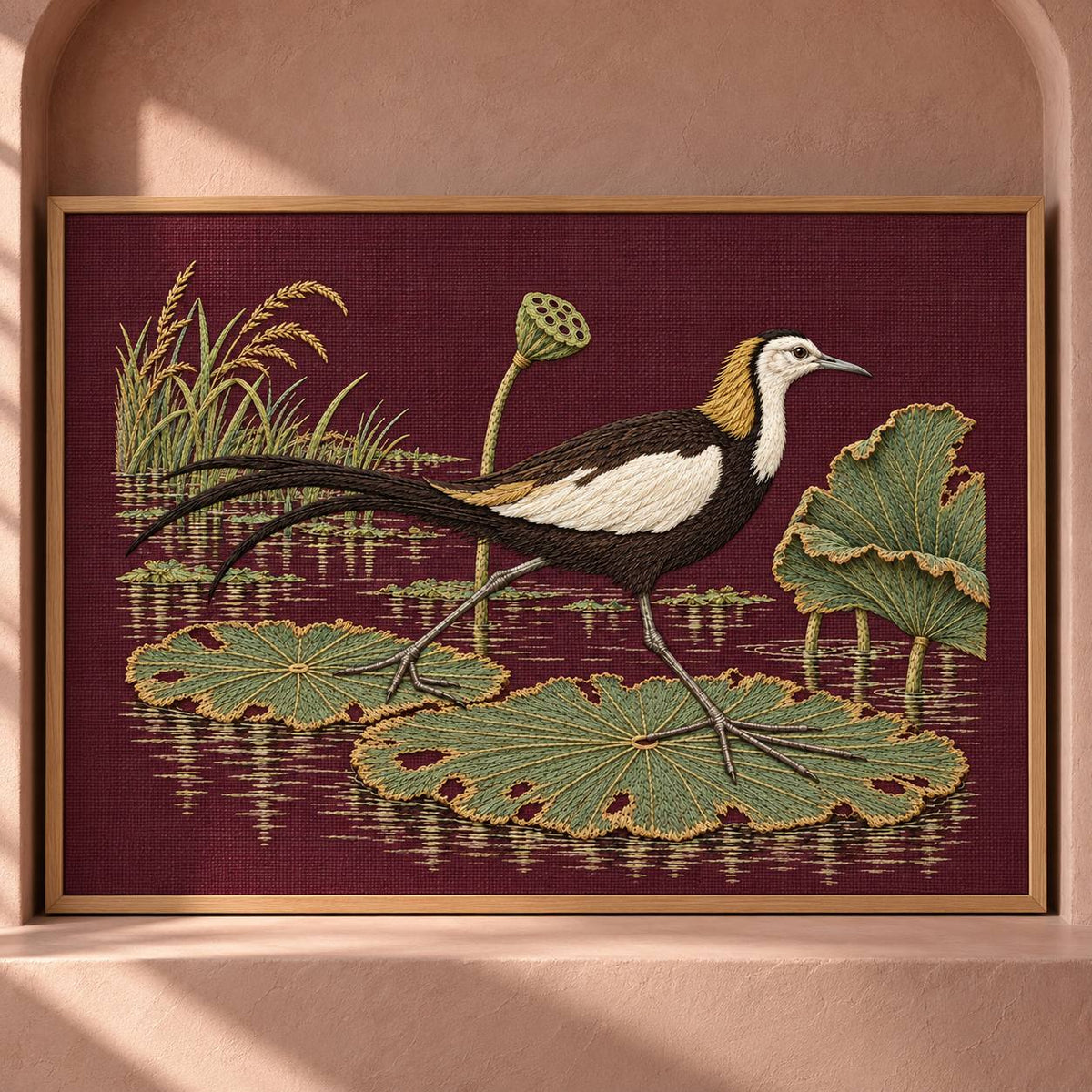 Jacana on the Torn Lotus Map visual mockup shown as a framed textile in a gallery niche, with the design on deep plum linen.