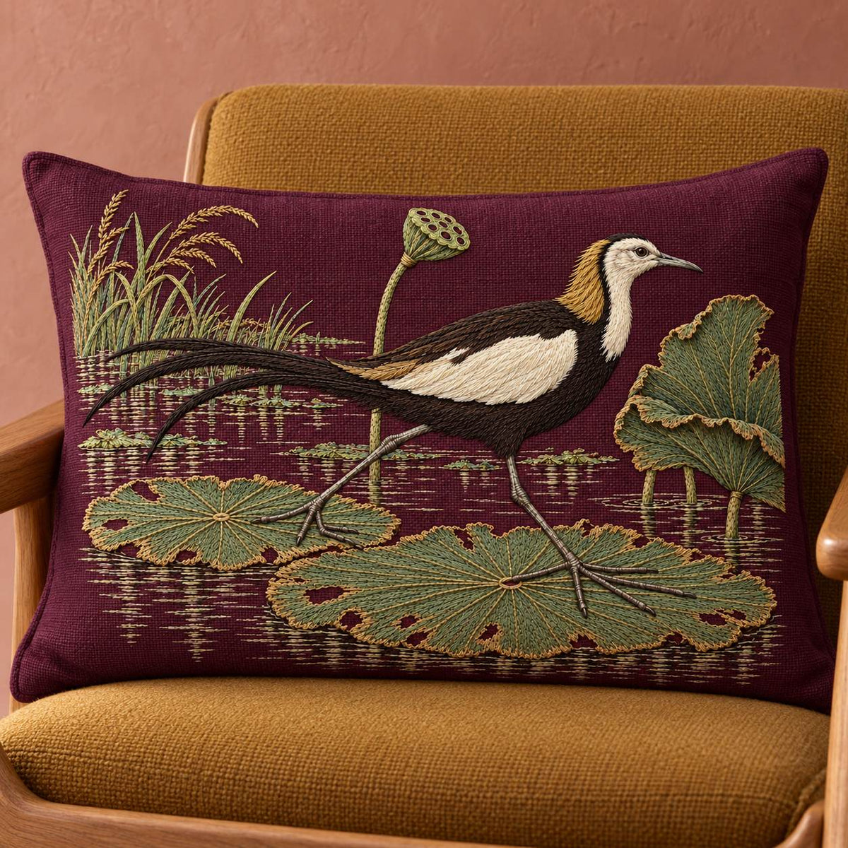 Jacana on the Torn Lotus Map visual mockup shown on a cushion in a lounge chair, with the design on deep plum linen.