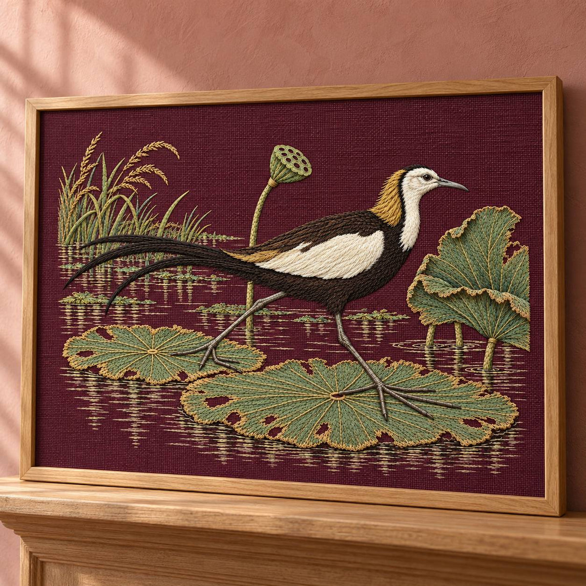 Jacana on the Torn Lotus Map visual mockup shown in a frame leaning on a mantel, with the design on deep plum linen.