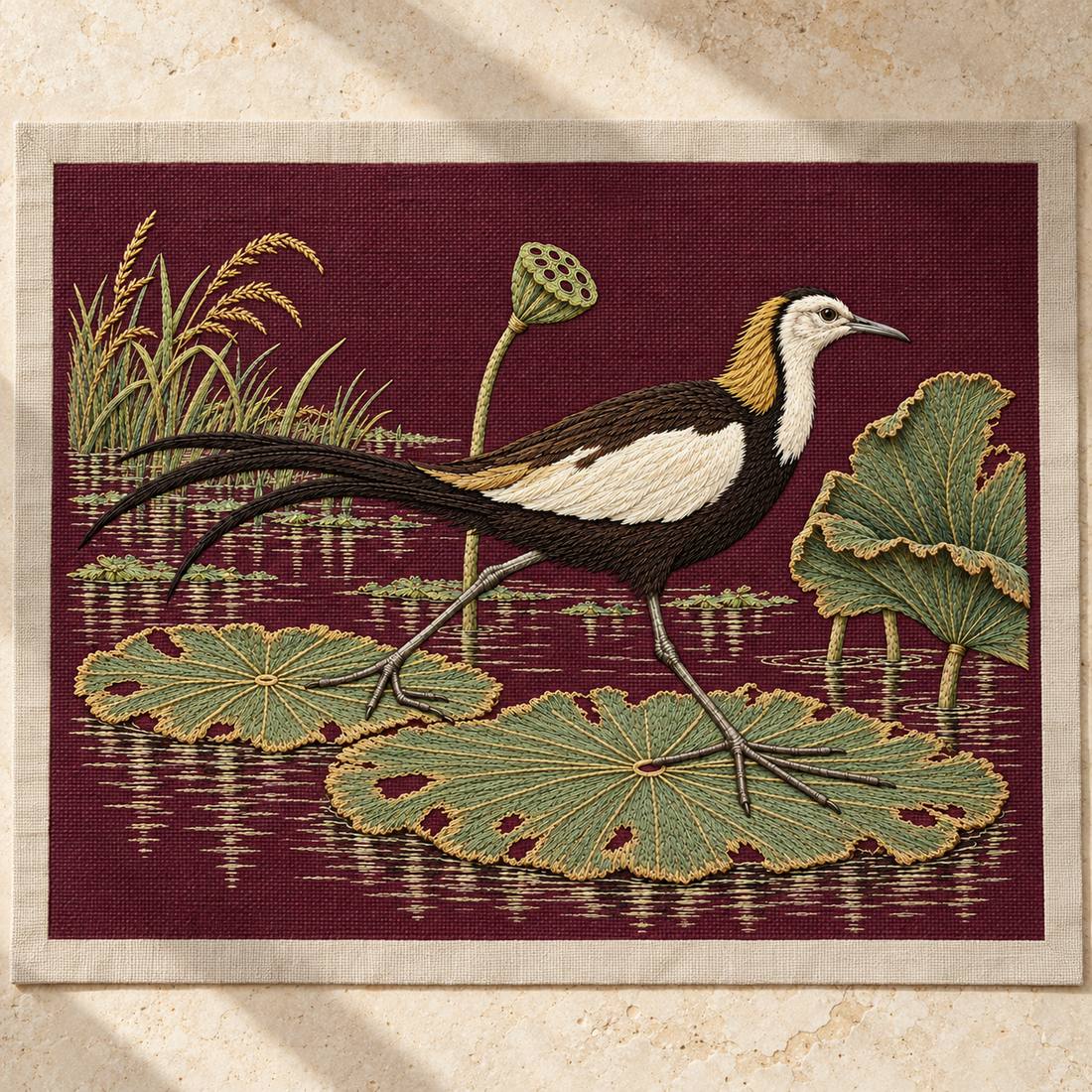 Jacana on the Torn Lotus Map visual mockup shown as a textile panel on a stone platform, with the design on deep plum linen.