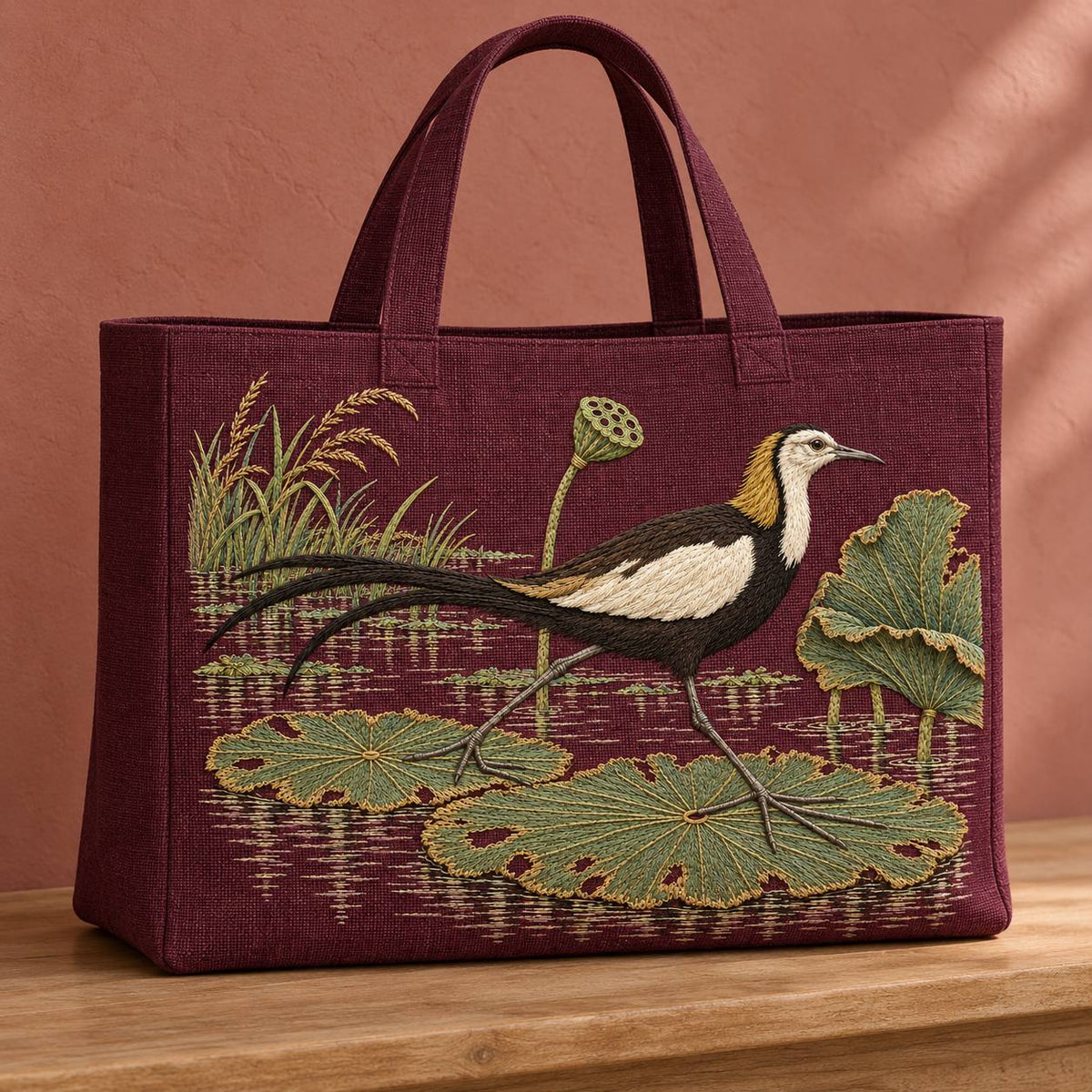 Jacana on the Torn Lotus Map visual mockup shown on the front of a structured linen tote, with the design on deep plum linen.