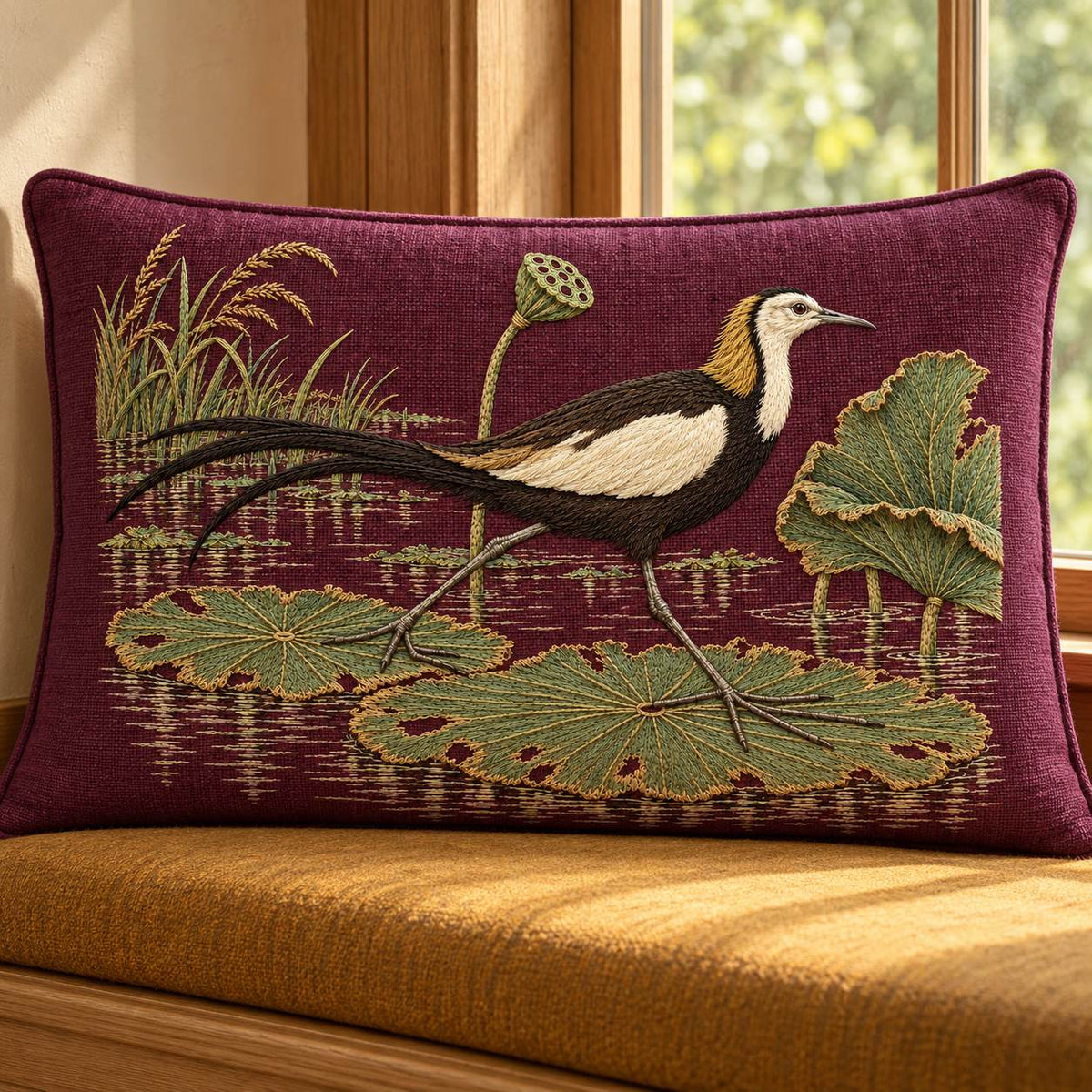 Jacana on the Torn Lotus Map visual mockup shown on a cushion beside a window, with the design on deep plum linen.