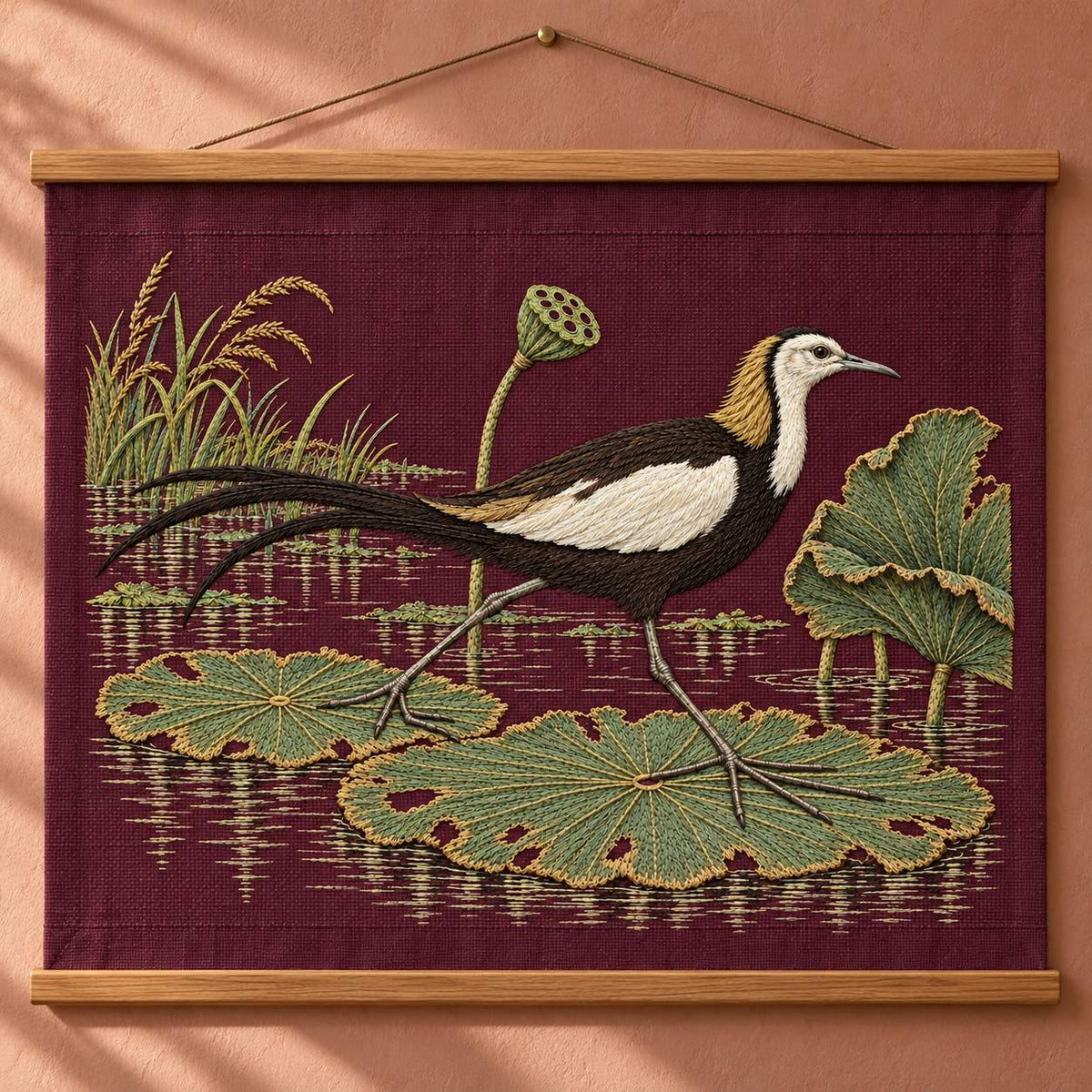 Jacana on the Torn Lotus Map visual mockup shown as a hanging textile held by wooden rails, with the design on deep plum linen.