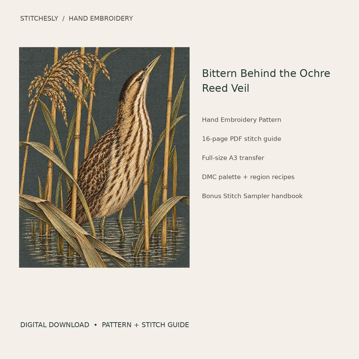 Bittern Behind the Ochre Reed Veil: digital hand embroidery pattern cover with artwork and included files