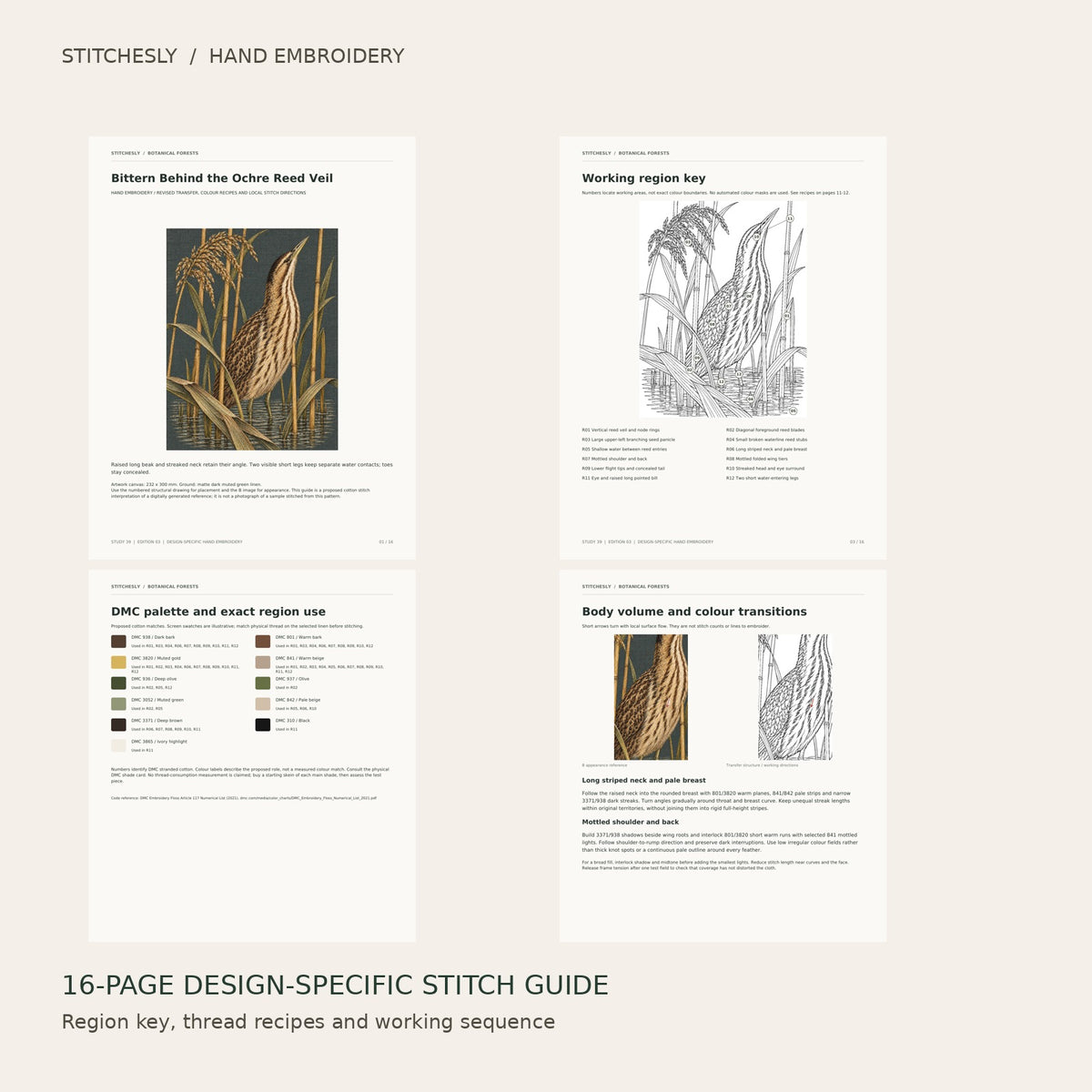 Bittern Behind the Ochre Reed Veil: preview of the 16-page stitch guide, region key, DMC palette and stitching instructions
