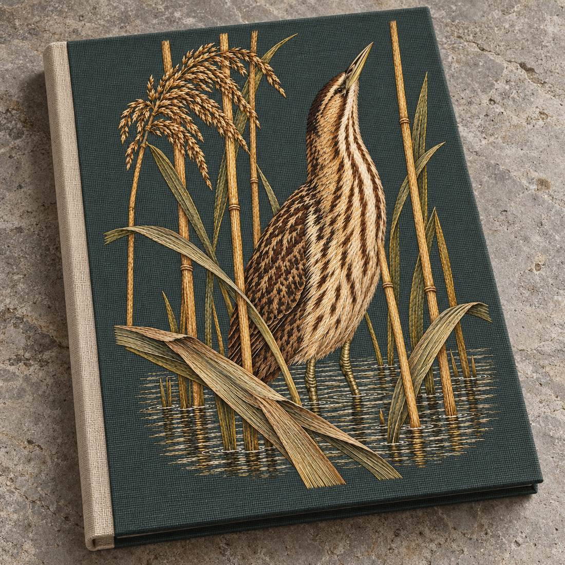 Bittern Behind the Ochre Reed Veil visual mockup shown on a cloth portfolio cover, with the design on dark muted green linen.