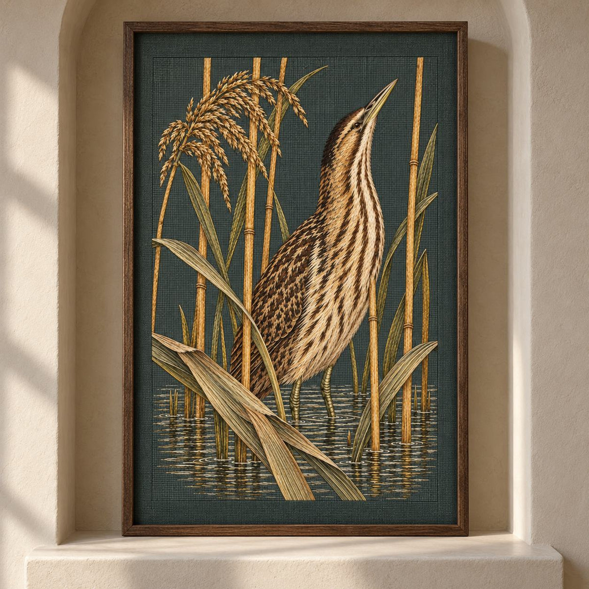 Bittern Behind the Ochre Reed Veil visual mockup shown as a framed textile in a gallery niche, with the design on dark muted green linen.