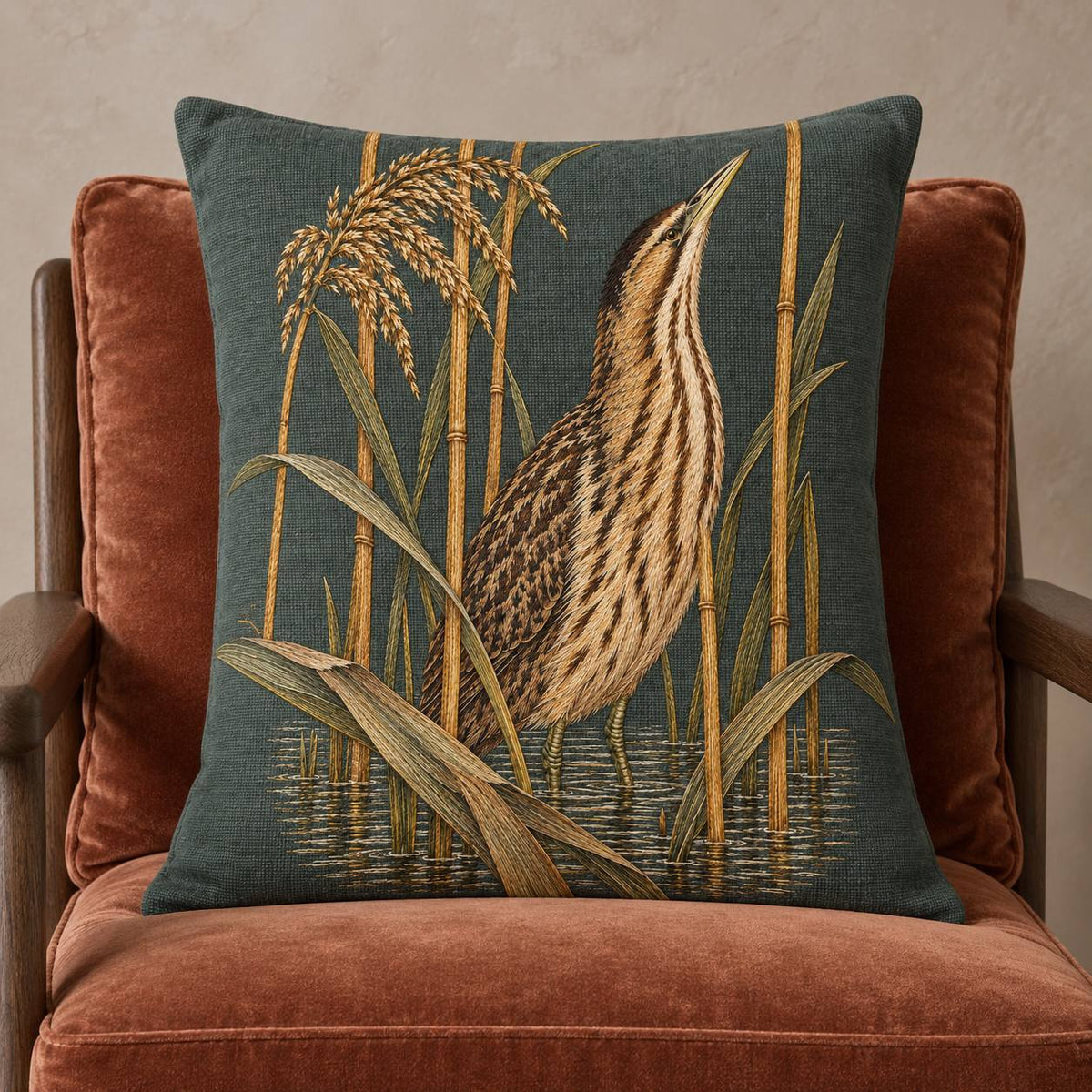 Bittern Behind the Ochre Reed Veil visual mockup shown on a cushion in a lounge chair, with the design on dark muted green linen.