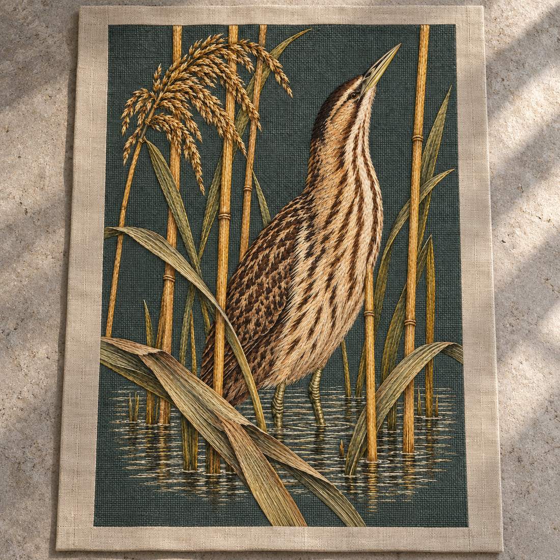Bittern Behind the Ochre Reed Veil visual mockup shown as a textile panel on a stone platform, with the design on dark muted green linen.