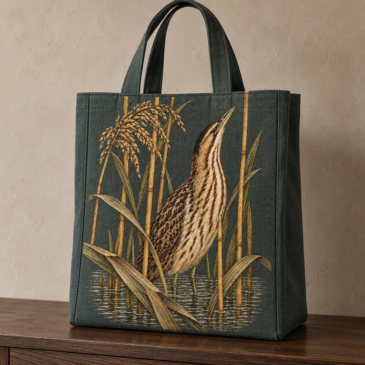 Bittern Behind the Ochre Reed Veil visual mockup shown on the front of a structured linen tote, with the design on dark muted green linen.