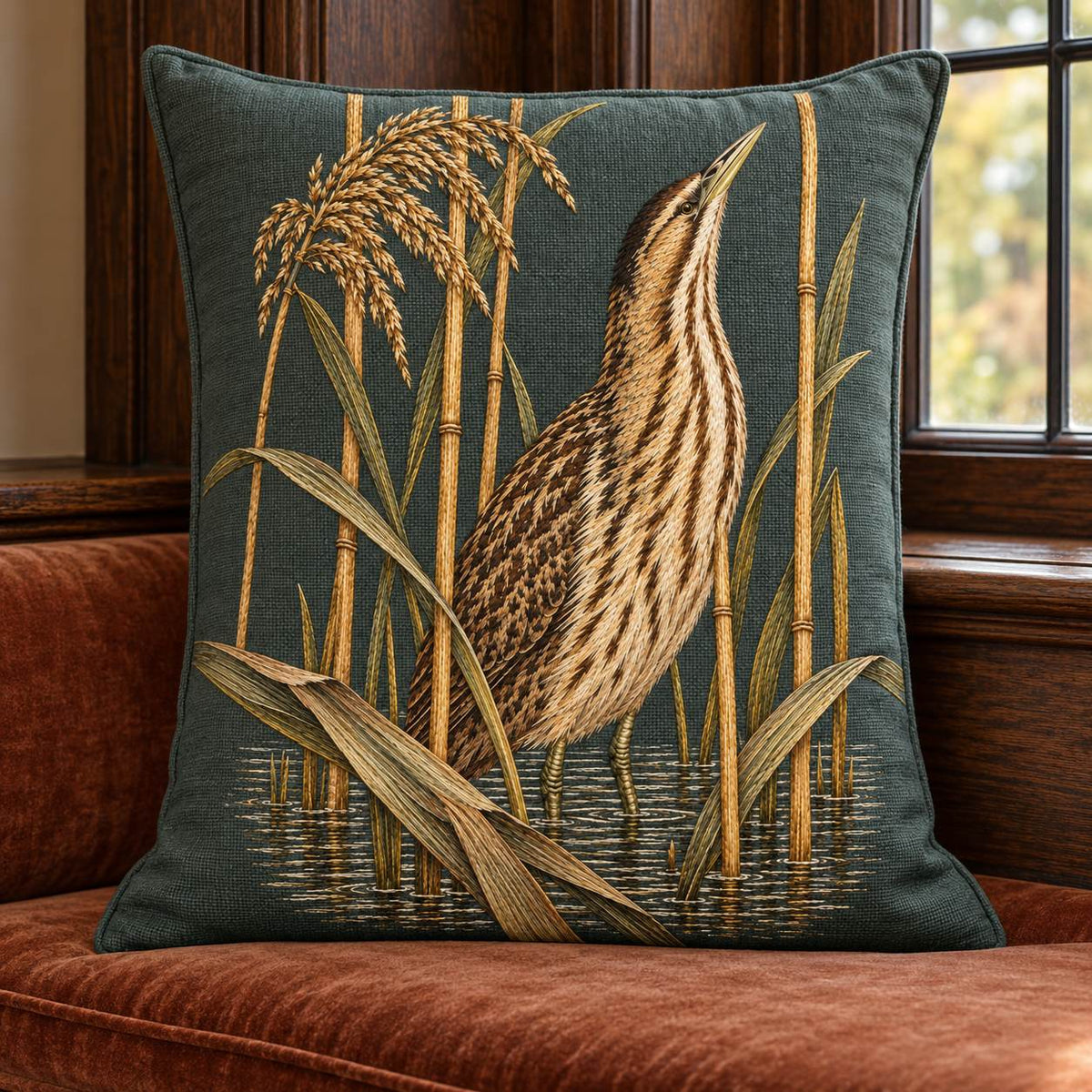 Bittern Behind the Ochre Reed Veil visual mockup shown on a cushion beside a window, with the design on dark muted green linen.