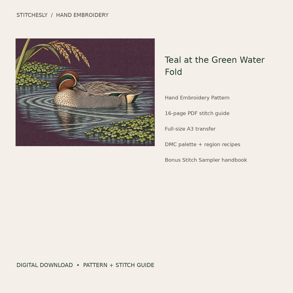 Teal at the Green Water Fold: digital hand embroidery pattern cover with artwork and included files