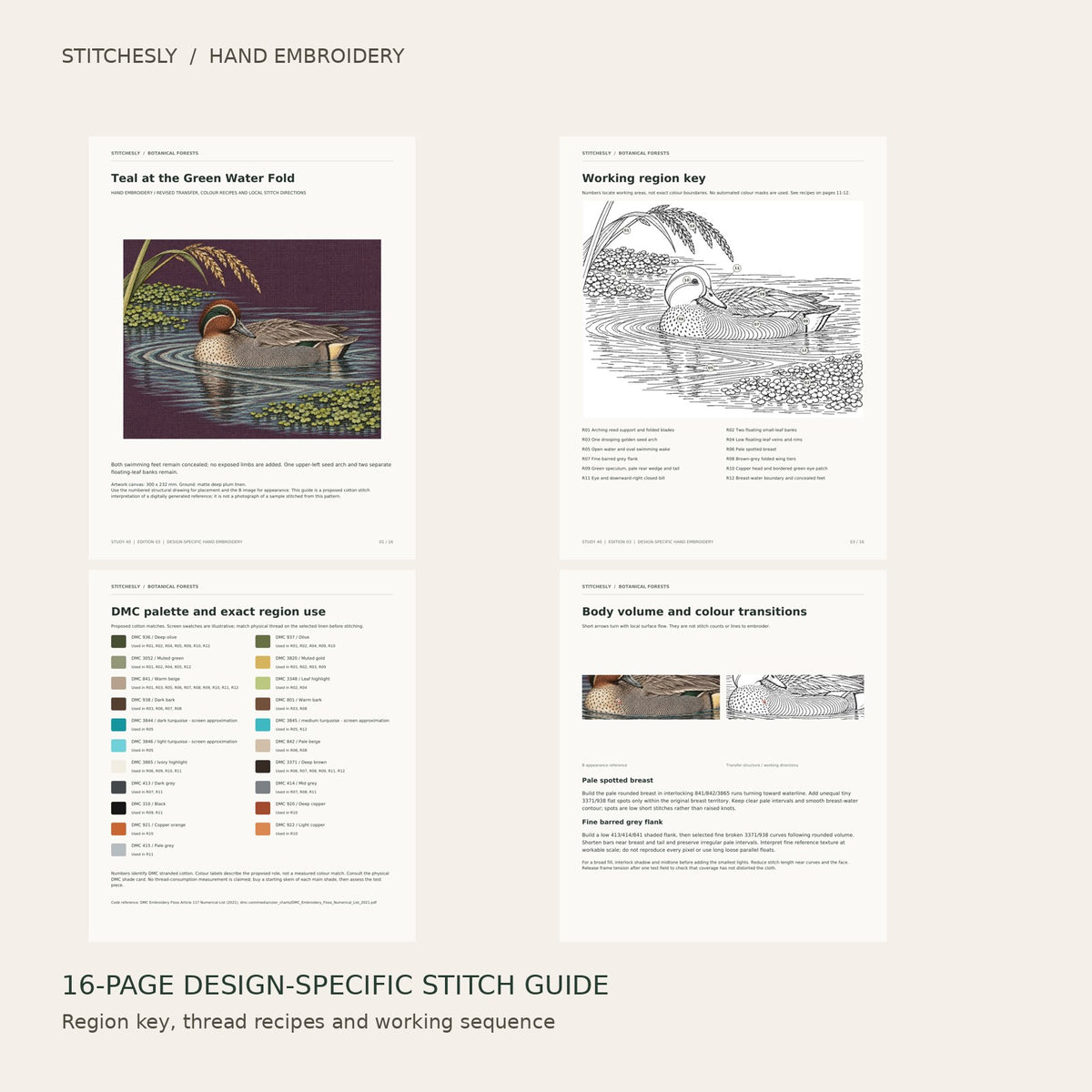 Teal at the Green Water Fold: preview of the 16-page stitch guide, region key, DMC palette and stitching instructions