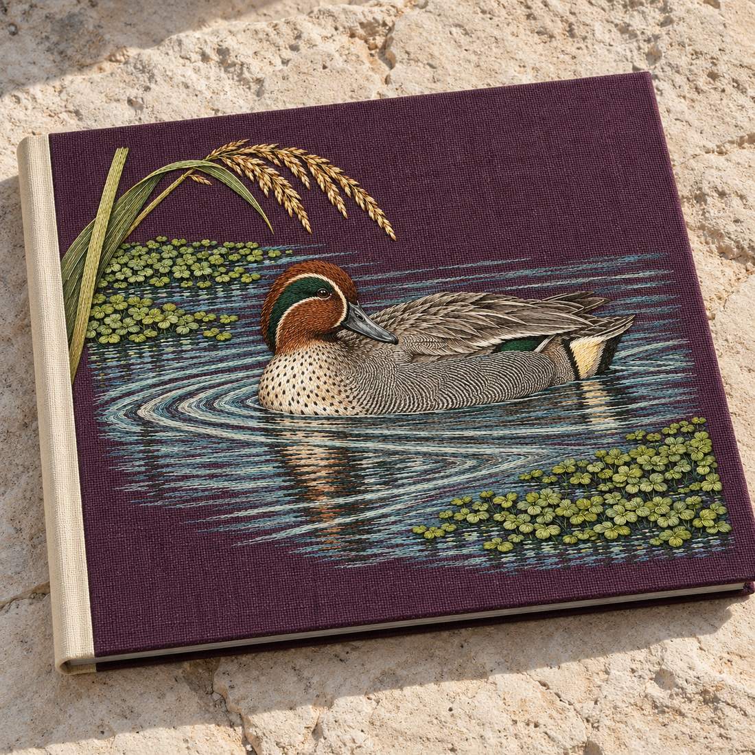 Teal at the Green Water Fold visual mockup shown on a cloth portfolio cover, with the design on deep plum linen.