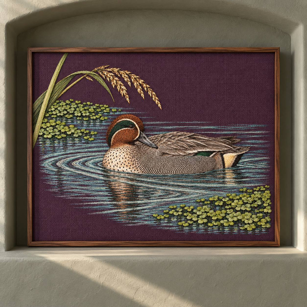 Teal at the Green Water Fold visual mockup shown as a framed textile in a gallery niche, with the design on deep plum linen.