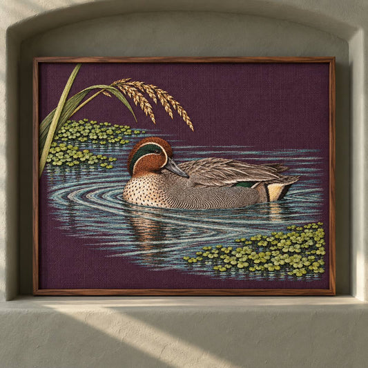 Teal at the Green Water Fold visual mockup shown as a framed textile in a gallery niche, with the design on deep plum linen.