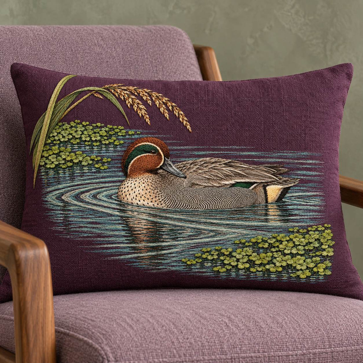 Teal at the Green Water Fold visual mockup shown on a cushion in a lounge chair, with the design on deep plum linen.
