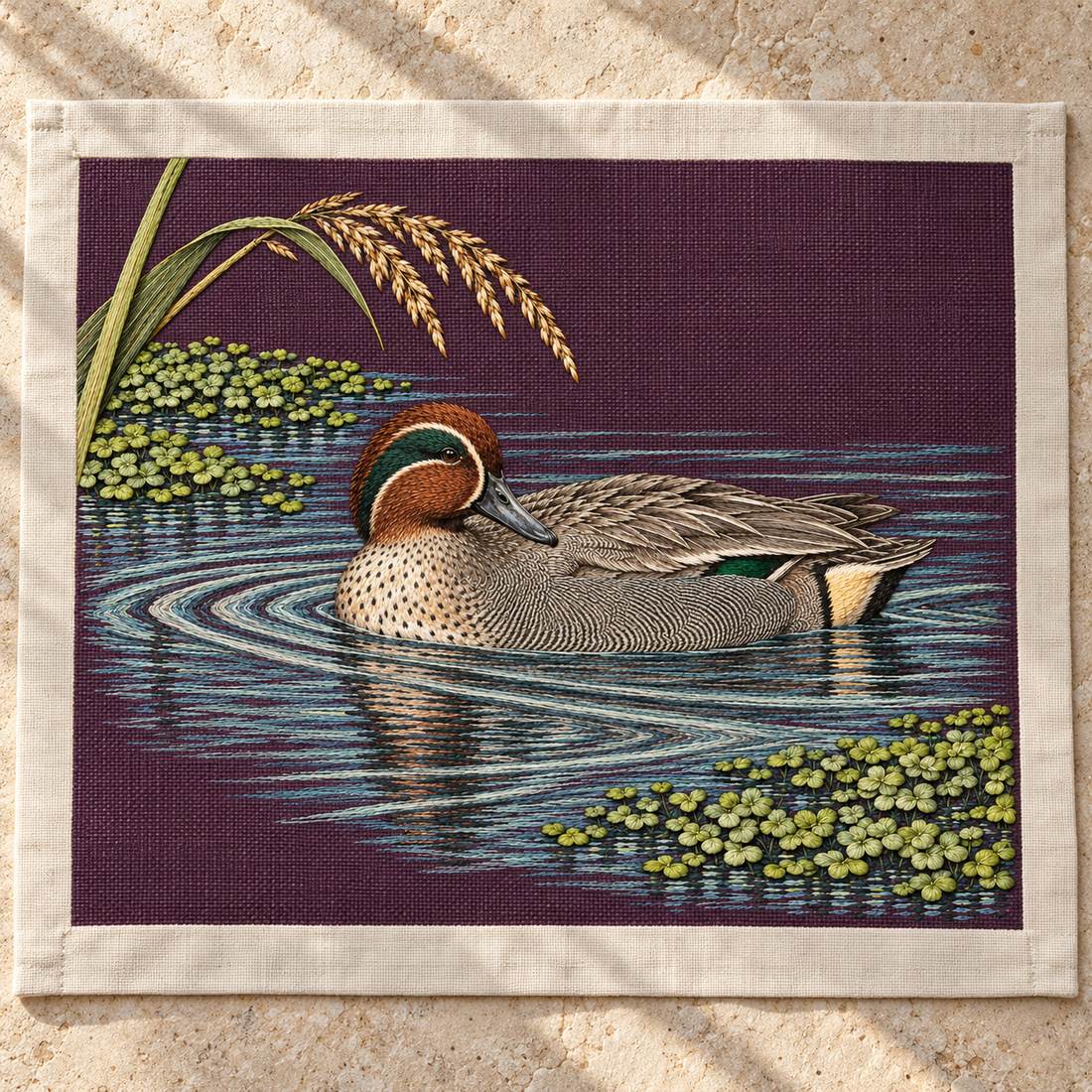 Teal at the Green Water Fold visual mockup shown as a textile panel on a stone platform, with the design on deep plum linen.