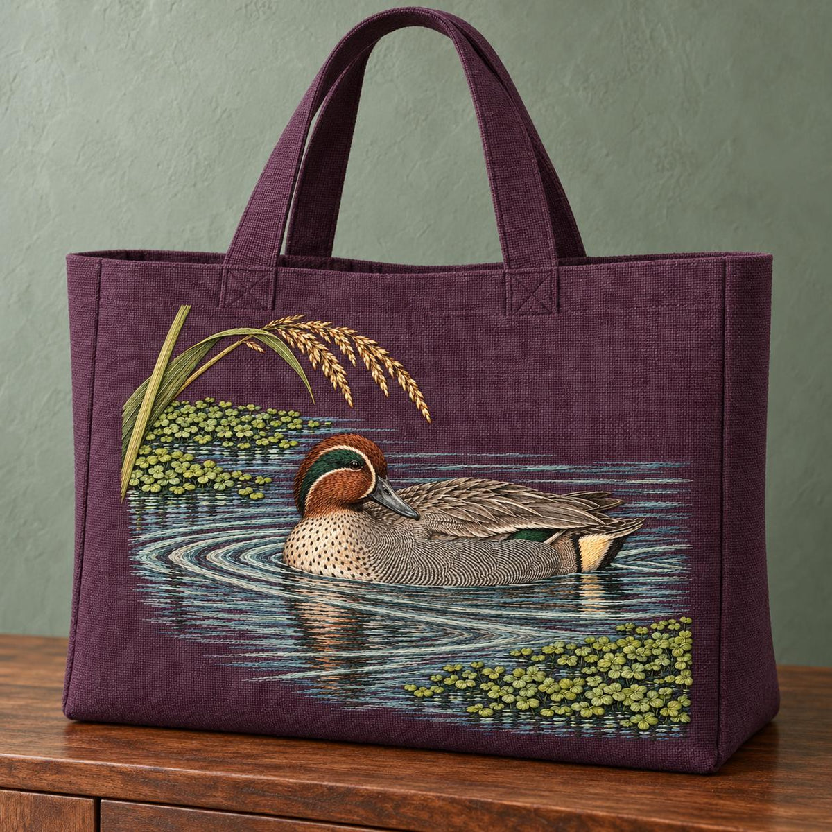 Teal at the Green Water Fold visual mockup shown on the front of a structured linen tote, with the design on deep plum linen.