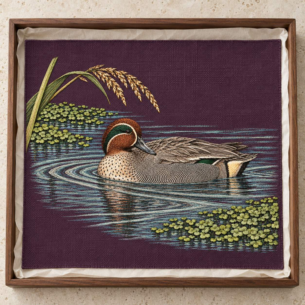 Teal at the Green Water Fold visual mockup shown as a textile panel in a collection tray, with the design on deep plum linen.