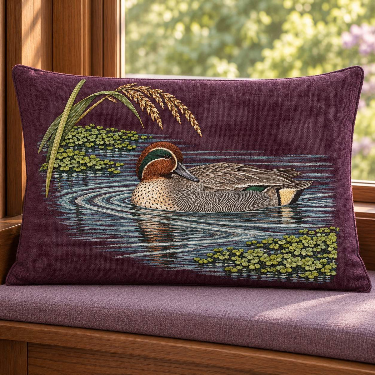 Teal at the Green Water Fold visual mockup shown on a cushion beside a window, with the design on deep plum linen.