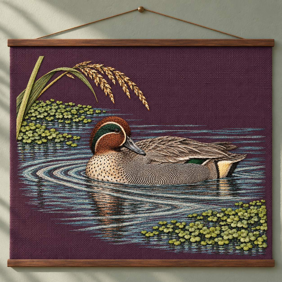 Teal at the Green Water Fold visual mockup shown as a hanging textile held by wooden rails, with the design on deep plum linen.