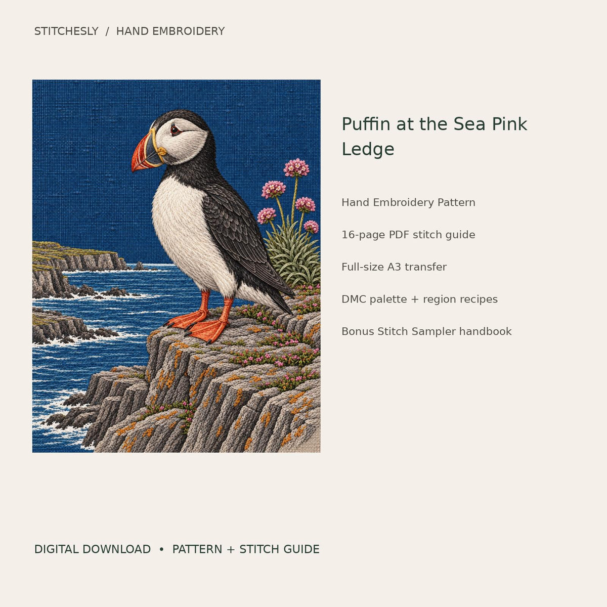 Puffin at the Sea Pink Ledge: digital hand embroidery pattern cover with artwork and included files