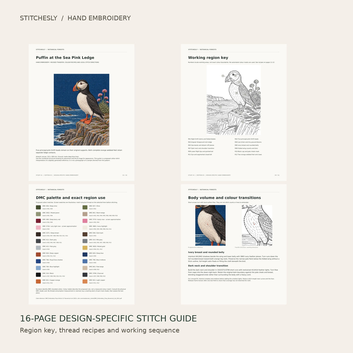 Puffin at the Sea Pink Ledge: preview of the 16-page stitch guide, region key, DMC palette and stitching instructions